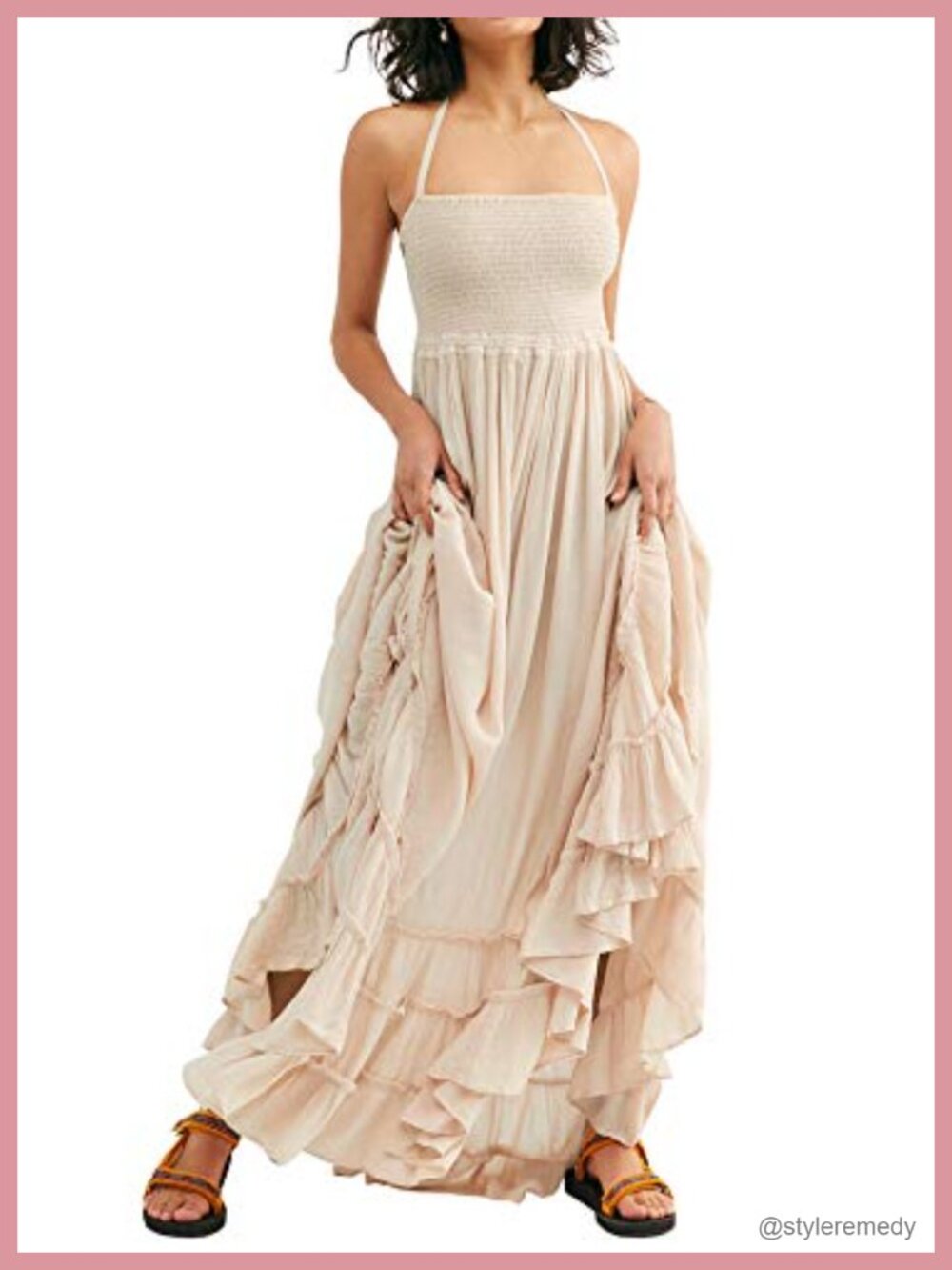 Womens Boho Backless Halter Maxi Dress Cotton Rayon Ruffle Hem Summer